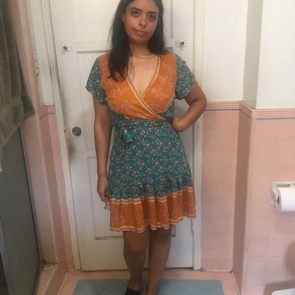 Boho Teal & Orange Wrap Dress - Picture 12 of 17